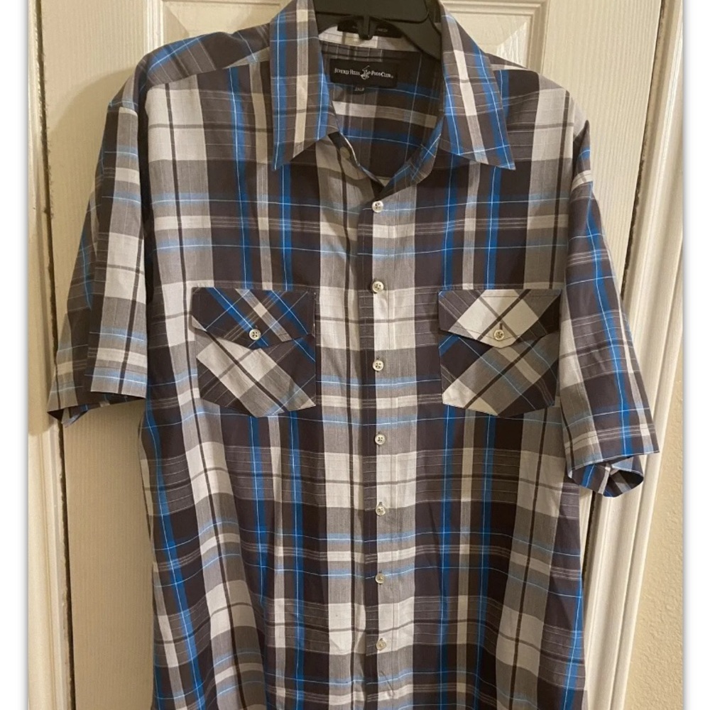Men’s Beverly Hills Polo Club Short Sleeve Button Shirt Gray and Blue size 2XLB